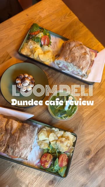 A short, music-driven montage showcasing various food and drink items from Loom Deli in Dundee, including sandwiches, toasties, cakes, and an iced matcha drink.
