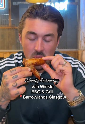 A couple visits Van Winkle BBQ & Grill in Glasgow, showcasing the venue's atmosphere, cocktails, and a variety of BBQ-style dishes including haggis bon bons, ribs, wings, and chicken and waffles.