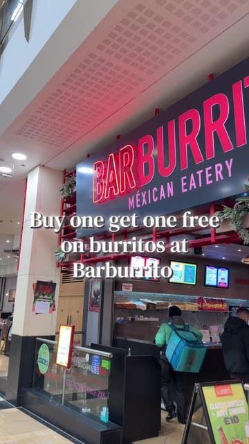 A promotional video showcasing a 'Buy One Get One Free' burrito offer at Barburrito, featuring the assembly process and the final meal.