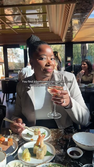 A video featuring a creator enjoying a bottomless brunch at a restaurant in Brentwood, Essex. The reel showcases a variety of dishes including sushi, skewers, and a fish main course, alongside the venue's atmosphere and drinks.