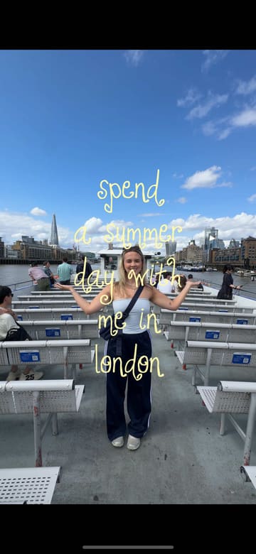 A 'day in the life' vlog following a creator and her father as they explore London, featuring a Thames lunch cruise, matcha from Blank Street, book shopping, and dinner at Gordon Ramsay's Bread Street Kitchen & Bar.