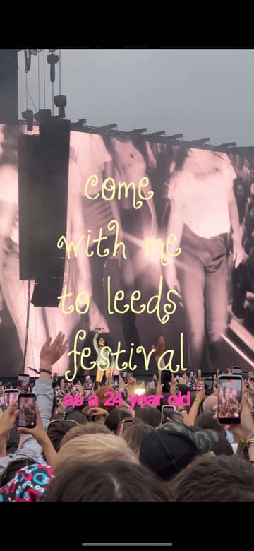 A day-in-the-life vlog documenting a 24-year-old's experience at Leeds Festival, featuring shopping for festival gear, eating festival food like mac and cheese and crepes, and watching live music performances.