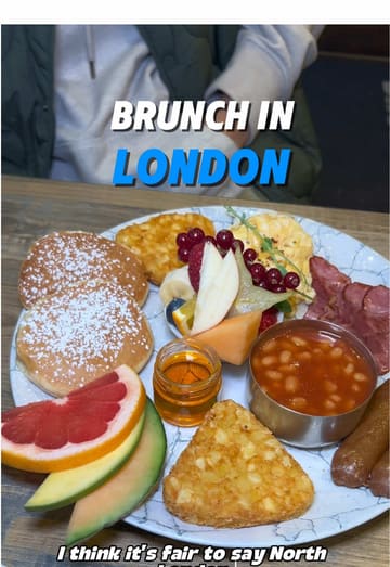 A review of 'Brekky & Brunch' in Crouch End, London, featuring a classic fry-up and French toast. The video includes shots of the venue, menu, and the food being eaten.