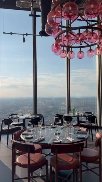 A montage of shots showcasing the interior, food, drinks, and skyline views at Bread Street Kitchen, 22 Bishopsgate.