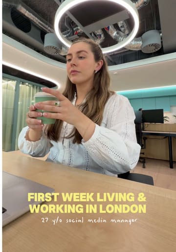 A personal 'day in the life' style vlog documenting a creator's first week living in London. The video features quick glimpses of a coffee shop (Blank Street), a salad restaurant (Atis), and a fitness studio (SoulCycle) as part of her daily routine.