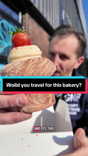 A food review vlog featuring a visit to Pastille bakery in Liverpool. The creator samples four different pastries—a brownie cookie cup, a tiramisu supreme, a strawberry and cream cruffin, and a banana pecan luna—providing commentary on taste, texture, and value. The video includes shots of the bakery's exterior, the display case, and close-ups of the food.