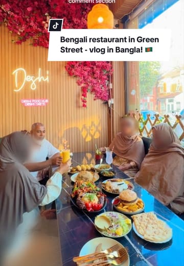 A vlog-style review of Deshi Food Hub on Green Street, showcasing a family meal with a variety of authentic Bangladeshi dishes, including a bhorta platter and fuchka, in a welcoming, family-friendly atmosphere.