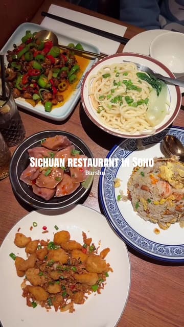 A short video showcasing a visit to Barshu, a Sichuan restaurant in Soho, highlighting the ordering process and a variety of dishes including Dan Dan noodles, dumplings, and salt and pepper prawns.