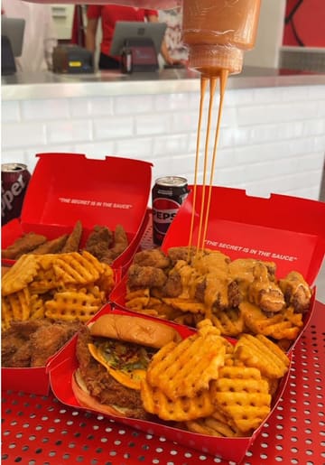 A fast-paced review of Charlie's Fried Chicken in Birmingham, highlighting their limited opening hours, signature sauce, and menu items like burgers, popcorn chicken, and waffle fries.