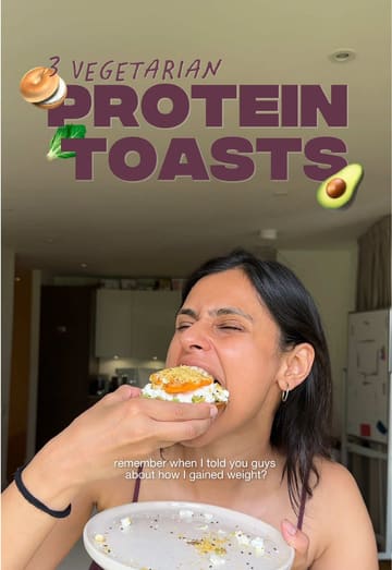 A home cooking tutorial featuring three vegetarian, protein-packed toast recipes: an everything bagel style toast, a chili cheese cottage toast, and a gochujang paneer and chickpea toast. The creator explains the recipes while demonstrating the preparation process using an air fryer.