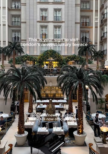 The video provides a tour of the new summer terrace at The Landmark London, featuring the venue's elegant atrium setting, live jazz music, and a selection of French-inspired food and drinks, including cocktails, rosé, a goat cheese salad, and a pistachio praline sundae.