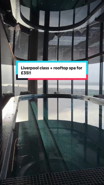 A short video tour of a rooftop spa in Liverpool, highlighting the facilities like the jacuzzi, sauna, and steam room, along with a promotional offer for access.