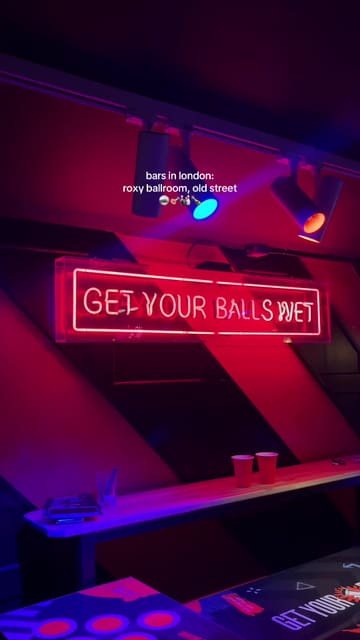 A promotional reel for Roxy Ball Room in Old Street, featuring a montage of the venue's activity areas including bowling, pool, and darts, alongside shots of cocktails and the bar's neon-lit interior.