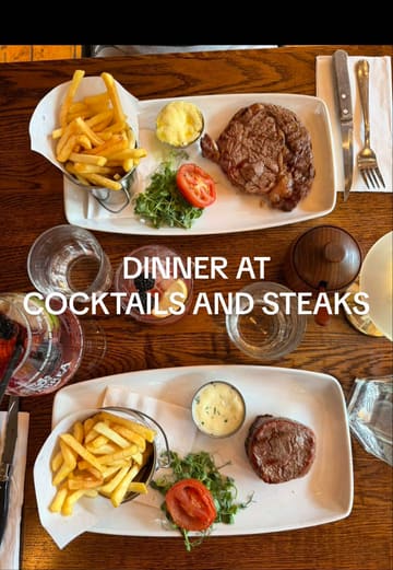 A vlog-style review of a visit to 'Cocktails & Steaks', showcasing the venue, menu, drinks, starters, mains, and dessert.