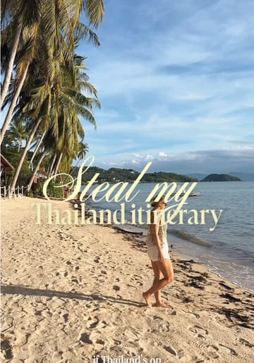 A travel guide video showcasing a two-week luxury itinerary for Thailand, covering Bangkok, Koh Samui, and Koh Phangan. The video features quick cuts of hotel rooms, scenic views, dining experiences, and activities, accompanied by a voiceover and text overlays detailing the itinerary and cost-saving tips.