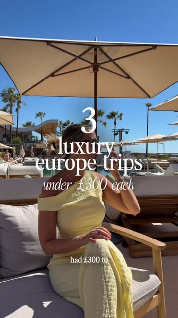 A travel influencer presents three European city break destinations (Athens, Rome, Barcelona) that offer luxury experiences for under £300, highlighting specific hotels, dining spots, and activities in each location.