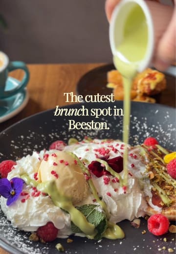 A short, aesthetic montage showcasing brunch dishes, coffee, and the interior of Bistro 66 in Beeston. The video features close-up shots of food preparation and presentation, including pancakes and avocado toast, set to music.