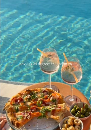 A fast-paced montage showcasing various food and drink spots in London on a sunny day. The video highlights a range of items including cookies, matcha, pizza, and ice cream, set against a backdrop of pleasant weather and outdoor seating.