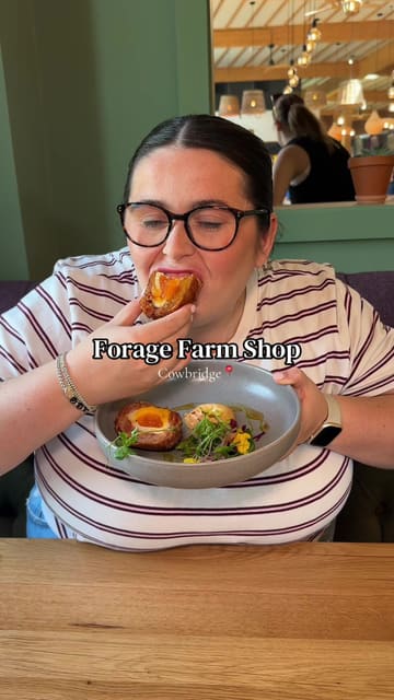 A creator visits Forage Farm Shop in Cowbridge to review their new summer menu, showcasing a variety of dishes including a scotch egg, salmon, a burger, and desserts, while also highlighting the venue's farm shop and family-friendly outdoor play area.