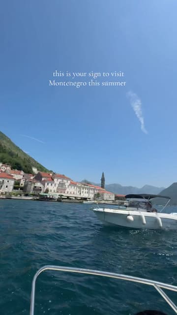 A travel montage showcasing scenic views of Montenegro, including boat rides, coastal towns, and hotel interiors, intended to inspire summer travel.