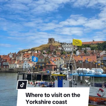 A travel guide video showcasing various locations on the Yorkshire coast, including Scarborough, Runswick Bay, Whitby, and Robin Hood's Bay, highlighting activities and food options.