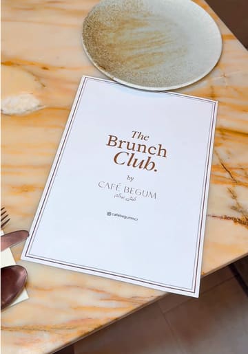 A montage showcasing the interior and brunch menu at Café Begum, featuring shots of steak and eggs, a full breakfast, French toast, and various drinks.