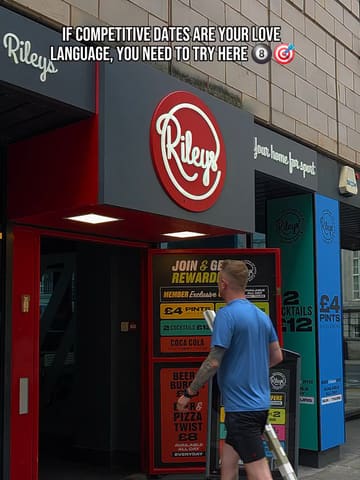A promotional reel for Rileys Sports Bar, showcasing the various competitive games available like pool, snooker, and darts, alongside the food and drink offerings and sports viewing facilities.