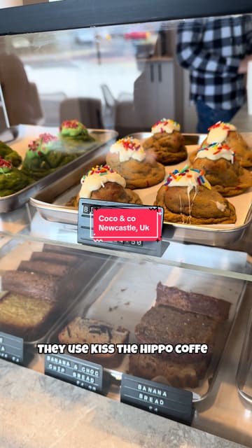 A review of a new cafe in Newcastle called Coco & Co, highlighting their specialty drinks like mango matcha and honeycomb latte, as well as their cookies.