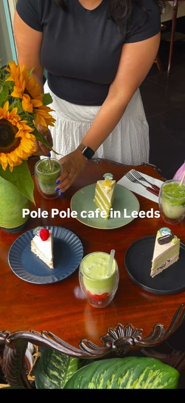 A vlog-style review of Pole Pole cafe in Leeds, showcasing their matcha drinks, fluffy cakes, and cozy, antique-filled interior. The creators highlight the relaxing atmosphere and the cute takeaway packaging.