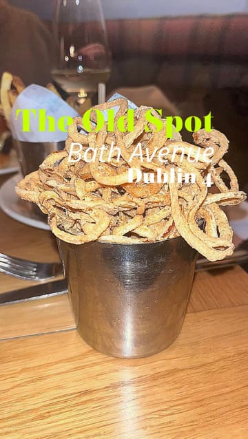 A montage of food and drink items at The Old Spot in Dublin, featuring cocktails, starters, and mains, presented with text overlays identifying the dishes.