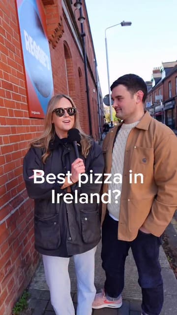 A creator interviews a pizza shop owner about his top recommendations for pizza, restaurants, pubs, and chefs in Ireland. The video consists of a recurring talking-head segment on a street, interspersed with static B-roll shots of the recommended venues.