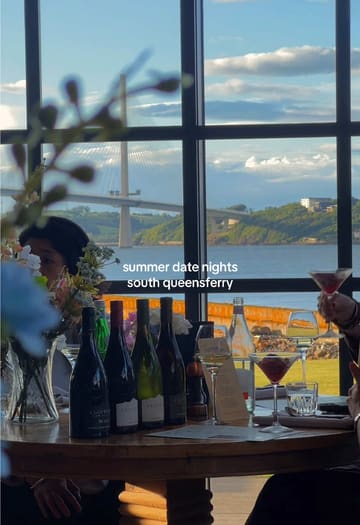 A montage showcasing the atmosphere, views, and dining experience at Scotts in South Queensferry, highlighting the scenic location, cocktails, and dessert.