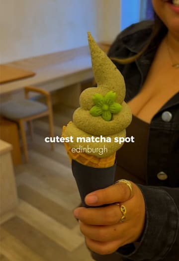 A short, energetic montage showcasing Yuzu, a cafe in Edinburgh, highlighting their matcha-based desserts and drinks, including cheesecake and soft-serve ice cream.