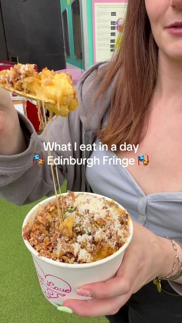 A fast-paced, personal vlog documenting a day at the Edinburgh Fringe Festival. The creator shares their food choices throughout the day, ranging from street food like mac and cheese and hot donuts to late-night fast food options like KFC and McDonald's while traveling by train.