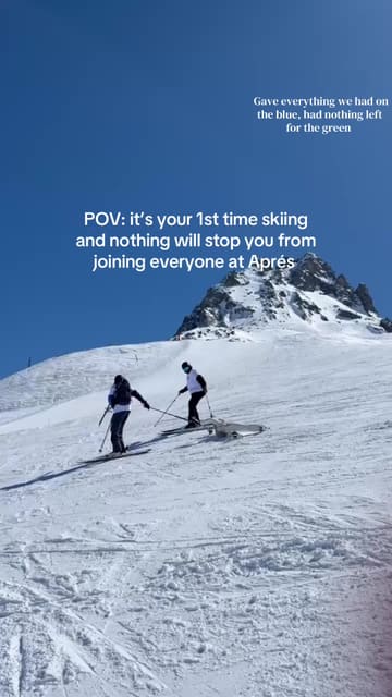 The video features a POV perspective of someone learning to ski, highlighting the struggle of the sport, before transitioning to a lively scene at an après-ski venue, La Folie Douce in Val Thorens.