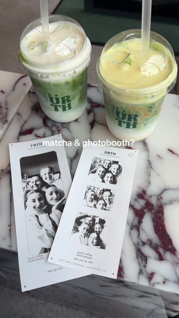 A short, aesthetic montage showcasing the interior, decor, matcha drinks, and photo booth experience at Urth Coffee.