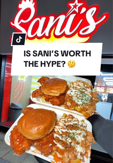 A food review video featuring a creator visiting the newly opened Sani's in Bradford to try their viral loaded boxes, which include a chicken burger and creamy pepper loaded fries.
