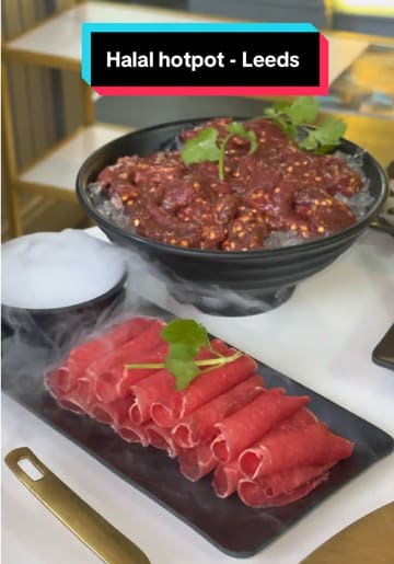 A vlog-style review of a halal hotpot restaurant in Leeds, showcasing the ordering process, sauce station, cooking method, and variety of food available.