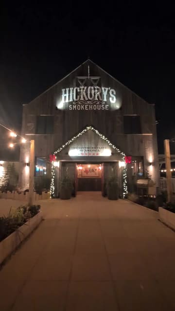 A video review of a visit to Hickory's Smokehouse in Thornaby, featuring a variety of dishes including pretzel bites, bacon bites, fried chicken, and a smokehouse platter, followed by s'mores for dessert. The video includes shots of the venue interior and the final bill.