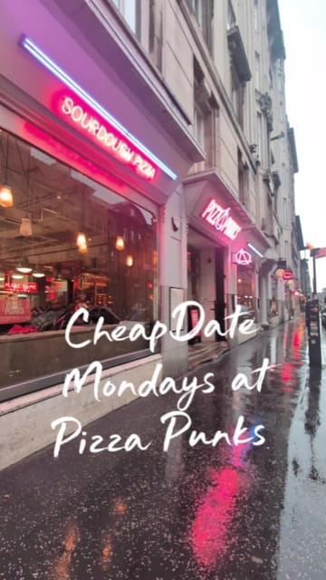 A promotional video for Pizza Punks in Glasgow, showcasing their 'Cheap Date Mondays' offer. The video features close-ups of sourdough pizzas, cocktails, and the restaurant's interior, accompanied by a voiceover explaining the deal and the menu options.
