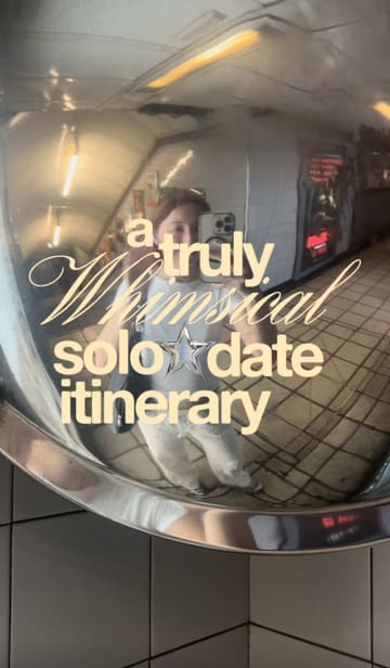 The video follows a creator on a whimsical solo date in London, visiting Logma for a Middle Eastern sandwich, exploring Hackney City Farm, and relaxing at Sevente, a coffee and wine bar. The reel uses a first-person vlog style to guide the viewer through the itinerary.