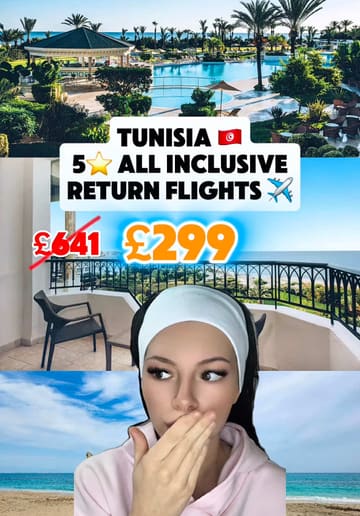 The video features a creator discussing a travel deal for an all-inclusive hotel in Tunisia. The video alternates between the creator speaking to the camera and a series of static images showcasing the hotel's facilities, including the pool, rooms, beach, and dining areas.