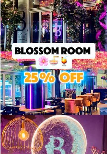A promotional video for Blossom Room in Milton Keynes, highlighting the venue's aesthetic cherry blossom decor, cocktail menu, and food offerings like chicken teriyaki ramen and bento boxes, while mentioning a January discount offer.