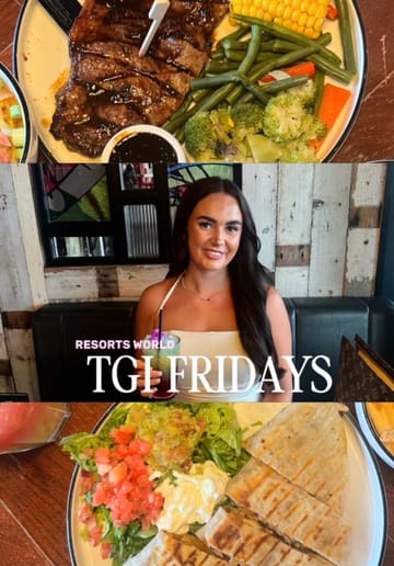 The video is a vlog-style review of a TGI Fridays restaurant located at Resorts World in Birmingham. The creator highlights the venue's aesthetic, the scenic view of Pendigo Lake, and samples various items from the new menu, including cocktails, nachos, a chicken quesadilla, and a steak.