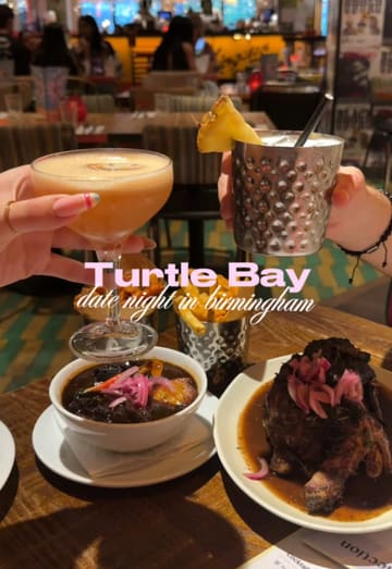 A short, upbeat video showcasing a date night experience at Turtle Bay. The edit features quick cuts of the restaurant's interior, various cocktails, and Caribbean-inspired dishes like jerk chicken and wings, set to a rhythmic soundtrack.
