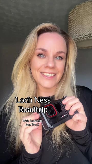 A travel vlog showcasing a road trip around the Loch Ness 360 route, highlighting various scenic landmarks including Urquhart Castle, Invermoriston, Fort Augustus, and Dores Beach, while demonstrating the capabilities of the Insta360 Ace Pro 2 camera.