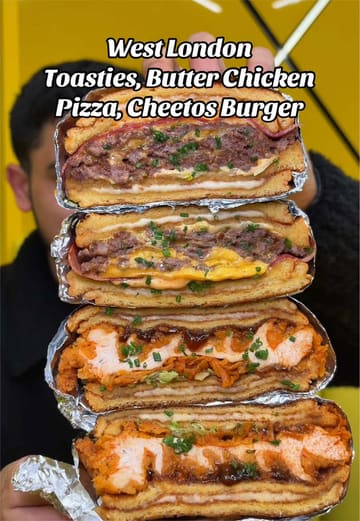 A fast-paced review of Mr T's in West London, featuring a variety of indulgent fusion dishes including butter chicken pizza, Cheetos burgers, and various desserts. The video uses quick cuts and energetic voiceover to maintain viewer interest while highlighting the bright, neon-lit interior of the venue.
