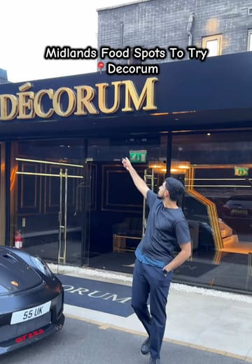 A fast-paced, engaging vlog-style review of Decorum in Birmingham, showcasing the venue's upscale interior, cocktails, and a variety of dishes including prawns, bao buns, short rib, steak, and a burger with lobster tail.
