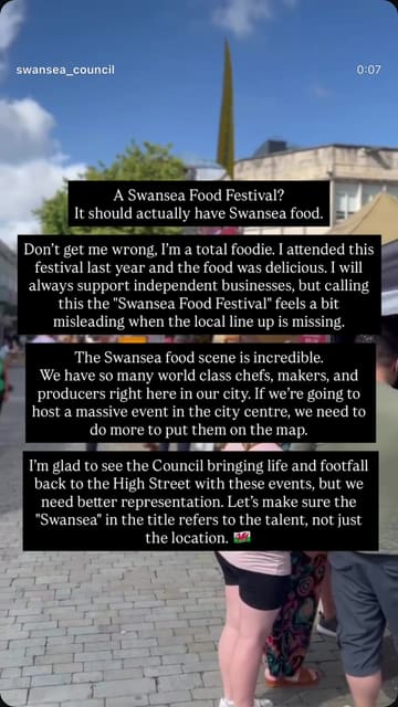 A short vlog-style video featuring a walk-through of a food festival in Swansea, accompanied by text overlays critiquing the event for failing to feature enough local Swansea-based food vendors.