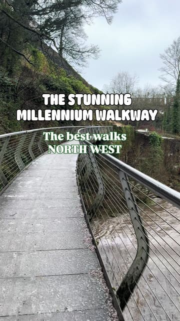 A short, fast-paced travel vlog showcasing the Millennium Walkway in New Mills, featuring scenic views of the river, bridge, and surrounding nature, with a brief mention of the Torr Vale Tap venue.